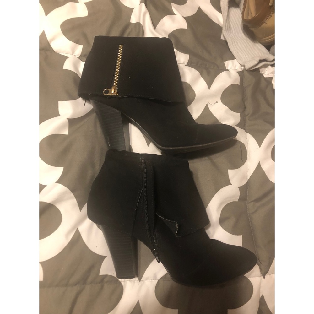 Black, zippered, cuffed booties